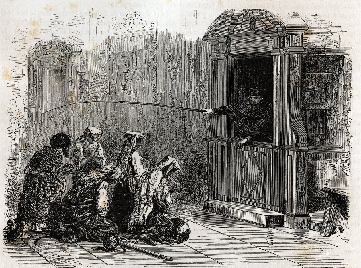 Katholieke gelovigen in gebed, ontvangen gewone boetedoening, zweepslagen toegediend door een priester vanuit de biechtstoel. Gravure ter illustratie van het verhaal van de Heilige Week in Rome, in 1863, door Ludovic Celler, in 