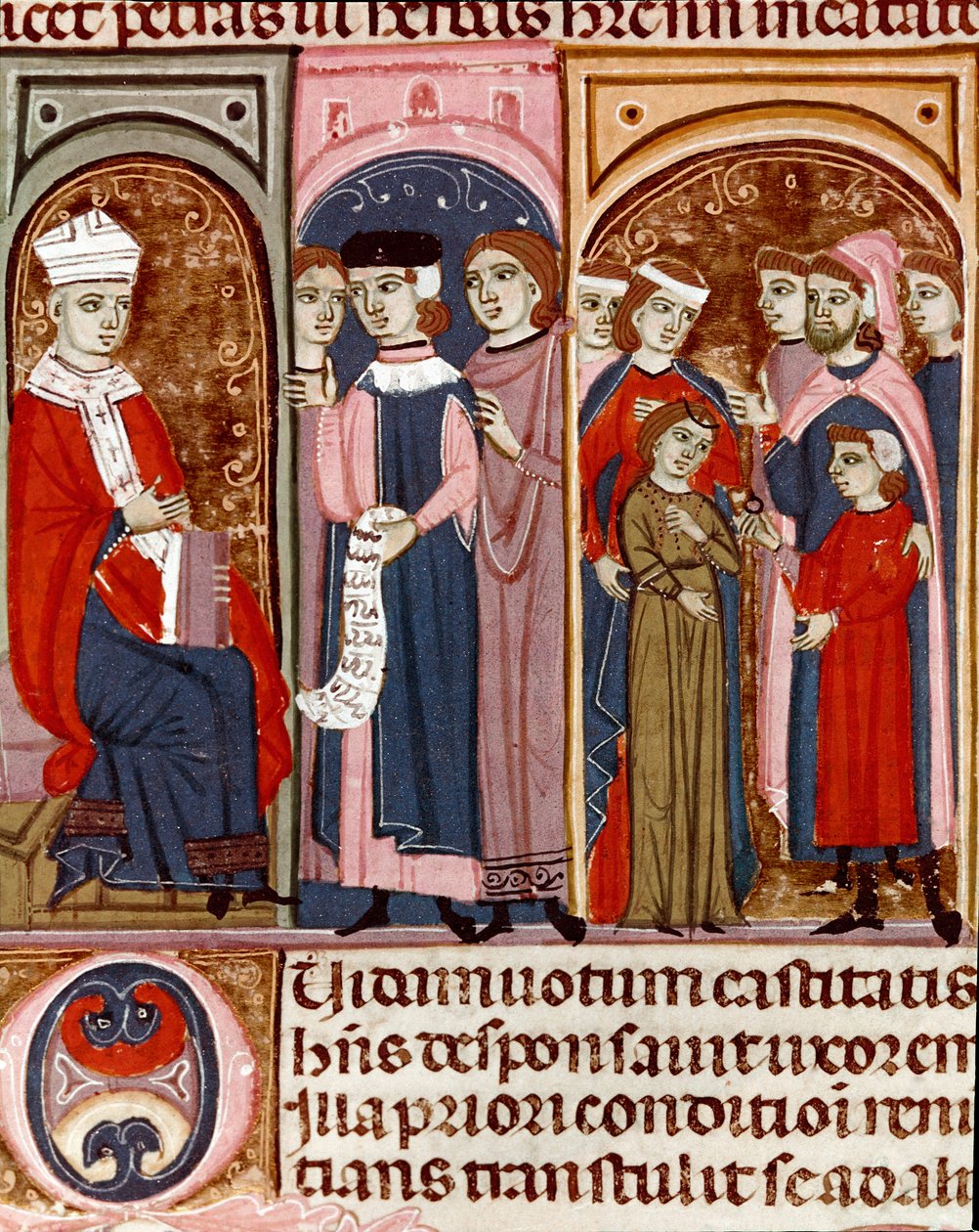 Viering van een miniatuur huwelijk uit de Codex Justinianus, een verzameling wetten en instellingen herzien onder de Romeinse keizer Justinianus I van Byzantium (483-565) door Unknown artist