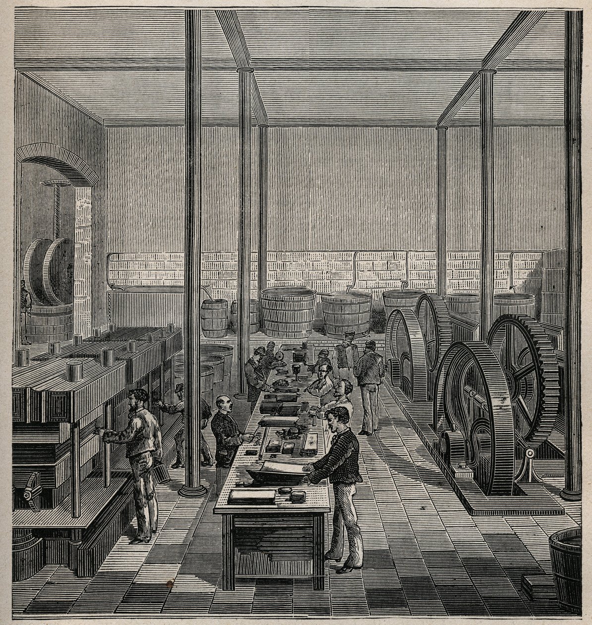 Celluloid: celluloidfabriek. Gravure uit 1885 in 