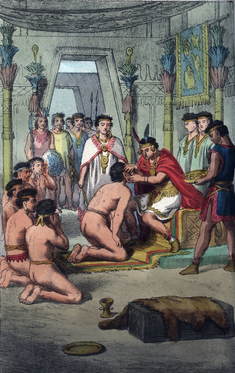 Ceremonie in de Inca-hoofdstad Cuzco: Manco Capac (Ayar Manco) verleent onderscheiding aan de prinsen van het bloed door hun oren te doorboren - gravure uit 