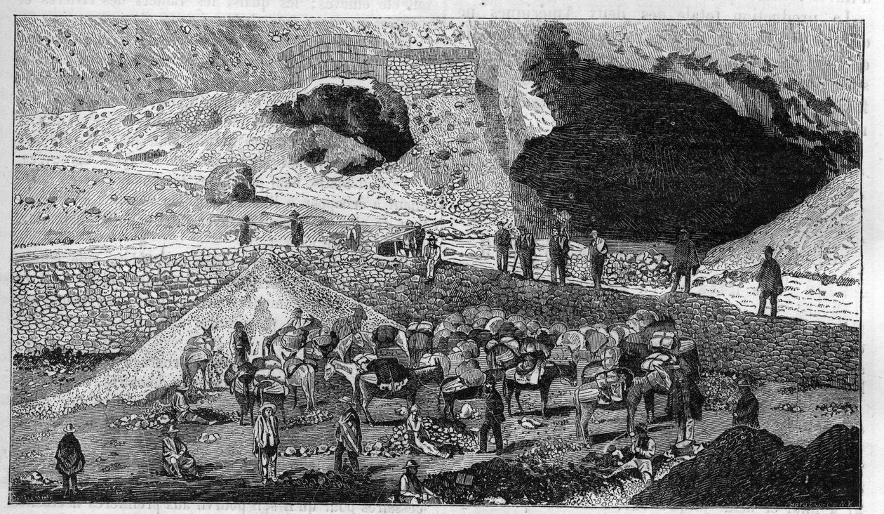 Cerro de Pasco zilvermijn in Peru: transport van erts op de rug van muilezels. Gravure in La Nature door Unknown artist