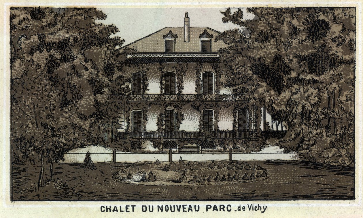 Chalet van het nieuwe park van Vichy (Allier en de Auvergne-regio). Chromolithografie van het einde van de 19e eeuw door Unknown artist