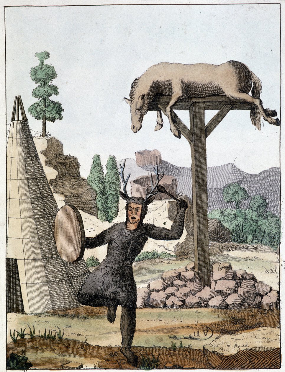 Chaman tonguse dansend voor een begrafenis (Siberië) - gravure, begin 19e eeuw door Unknown artist