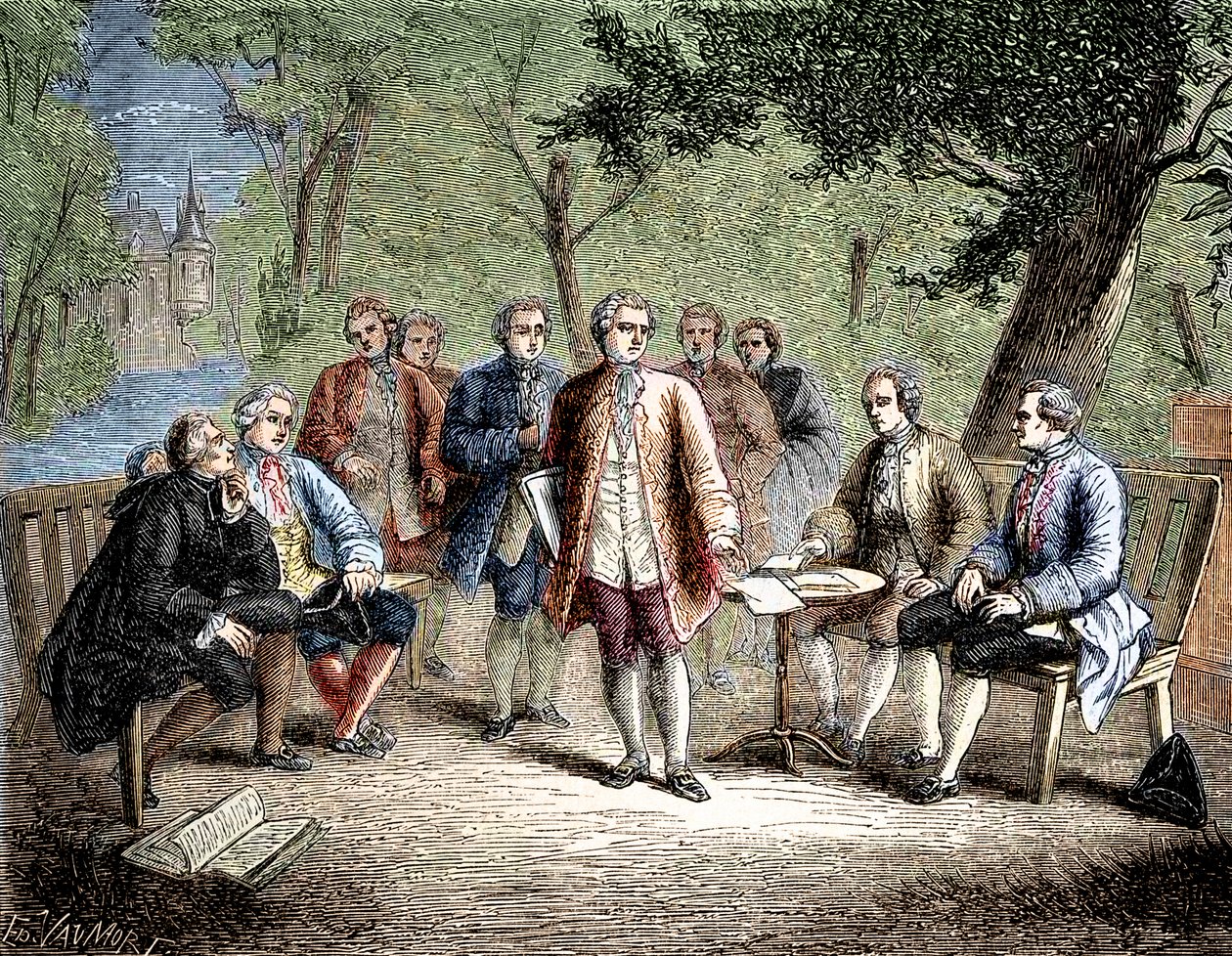 Charles de Secondat Montesquieu met de wetenschappelijke cenakel in Kasteel Clairac, Frankrijk - Het wetenschappelijke cenakel van kasteel Clairac: Montesquieu en de baron de Secondat, zijn zoon, de ridder de Vivens, Romas en de broers Dutilh - in 