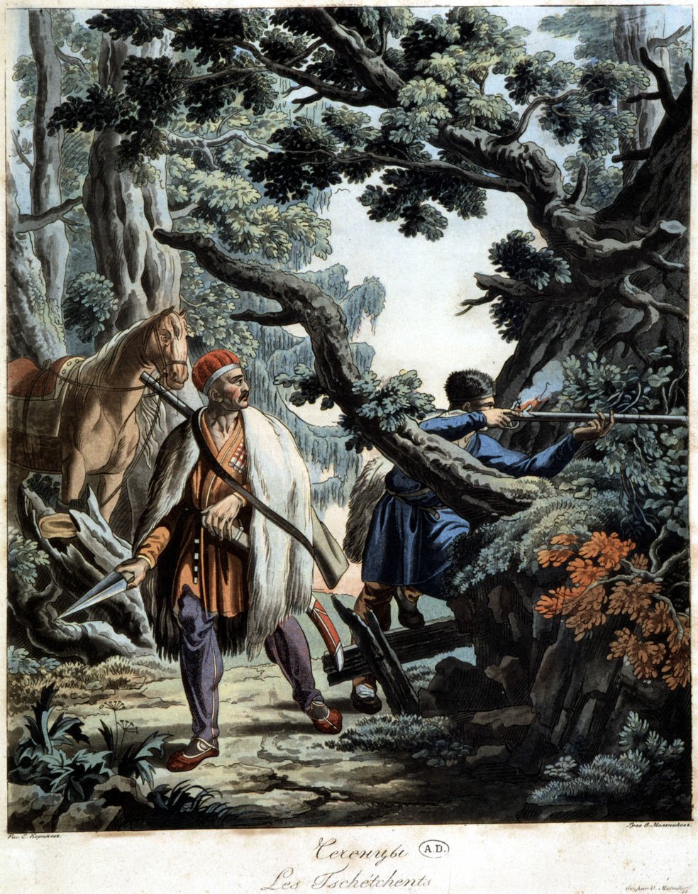 Tsjetsjenen in een hinderlaag in een Kaukasisch bos, begin 19e eeuw door Unknown artist