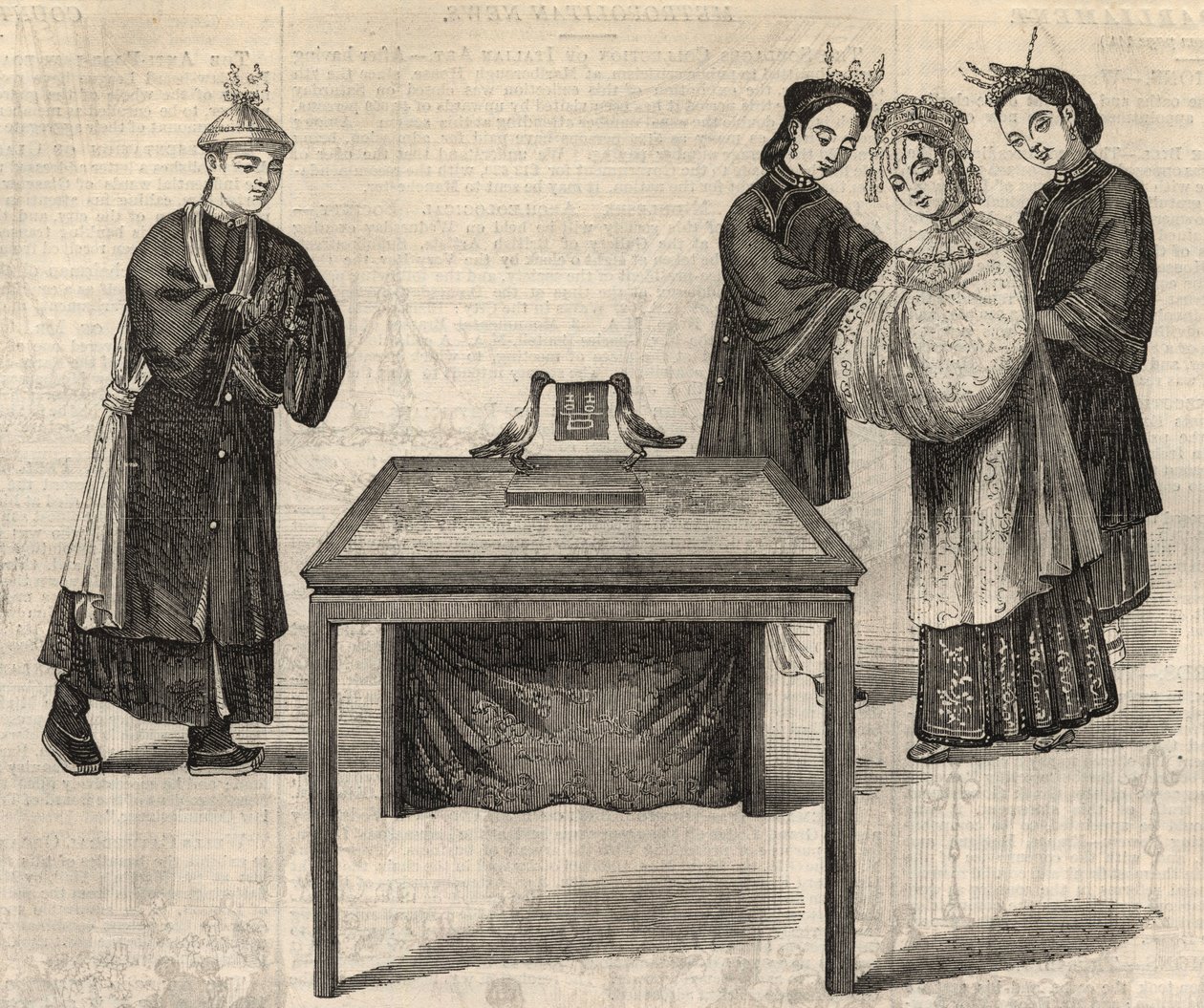 Chinese gewoonte: ondertekening van een huwelijkscontract. Een tablet met de namen van de twee echtgenoten wordt op een tafel geplaatst met twee duiven. Gravure in 