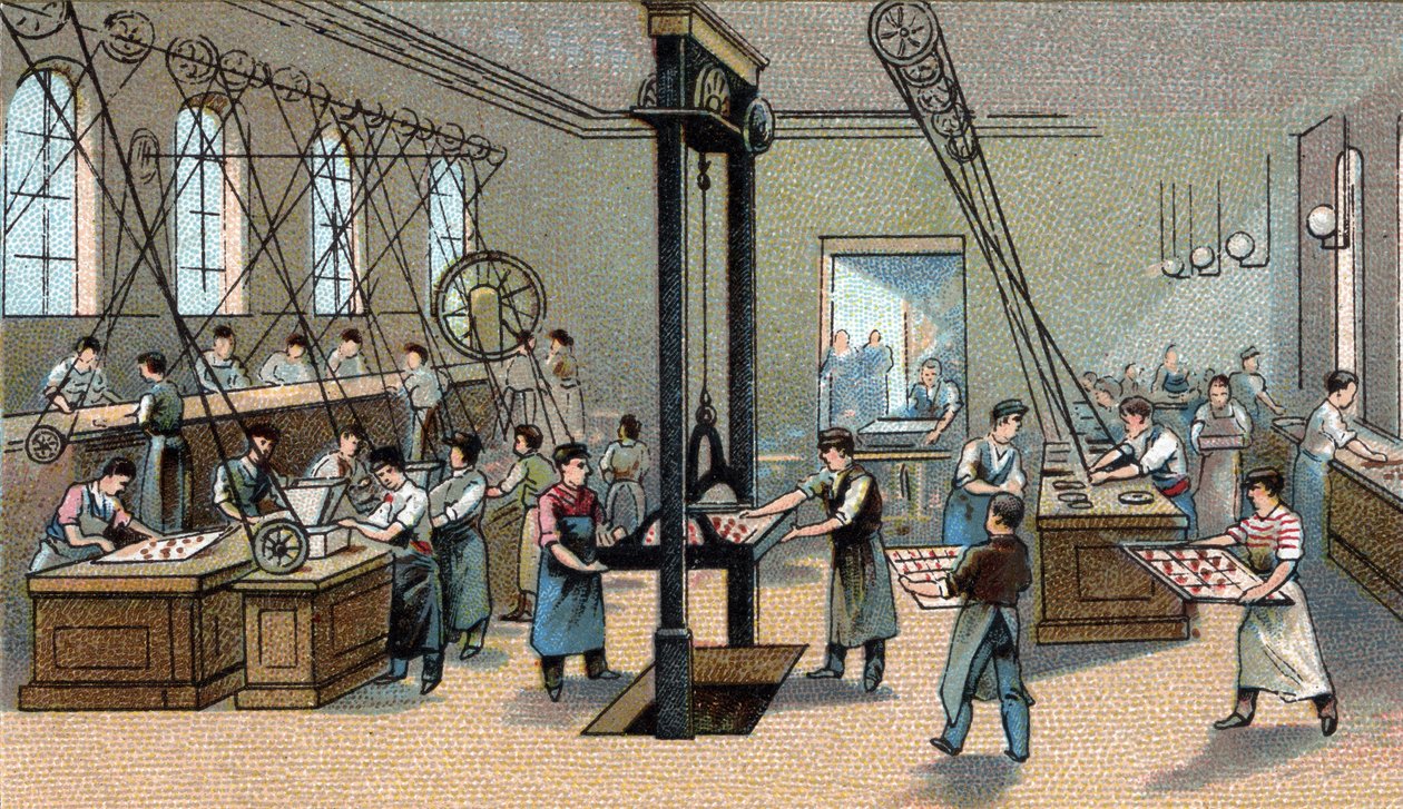 Chocoladeproductie: gieten. Chromolithografie van het einde van de 19e eeuw. door Unknown artist