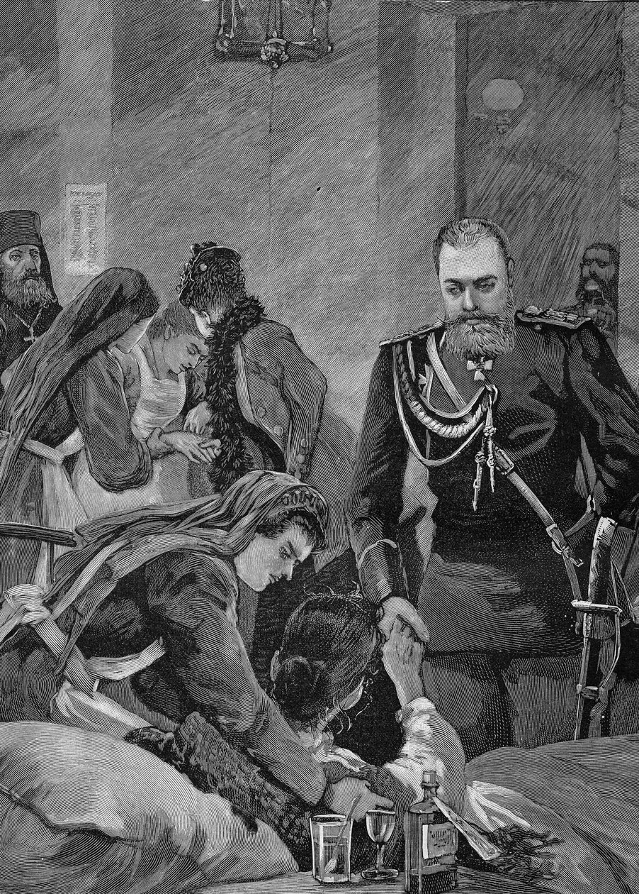 Cholera in Rusland in 1892: Alexander III, keizer van Rusland en zijn vrouw Maria Feodorovna, keizerin van Rusland bezoeken een ziekenhuis. Gravure uit 1892. door Unknown artist
