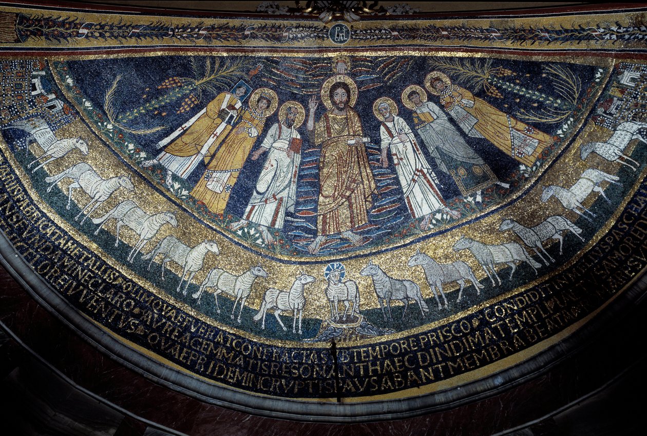 Christus tussen Sint Paulus, Sint Cecilia, Sint Pascal, Sint Petrus, Sint Valeriano en Sint Agata door Unknown artist