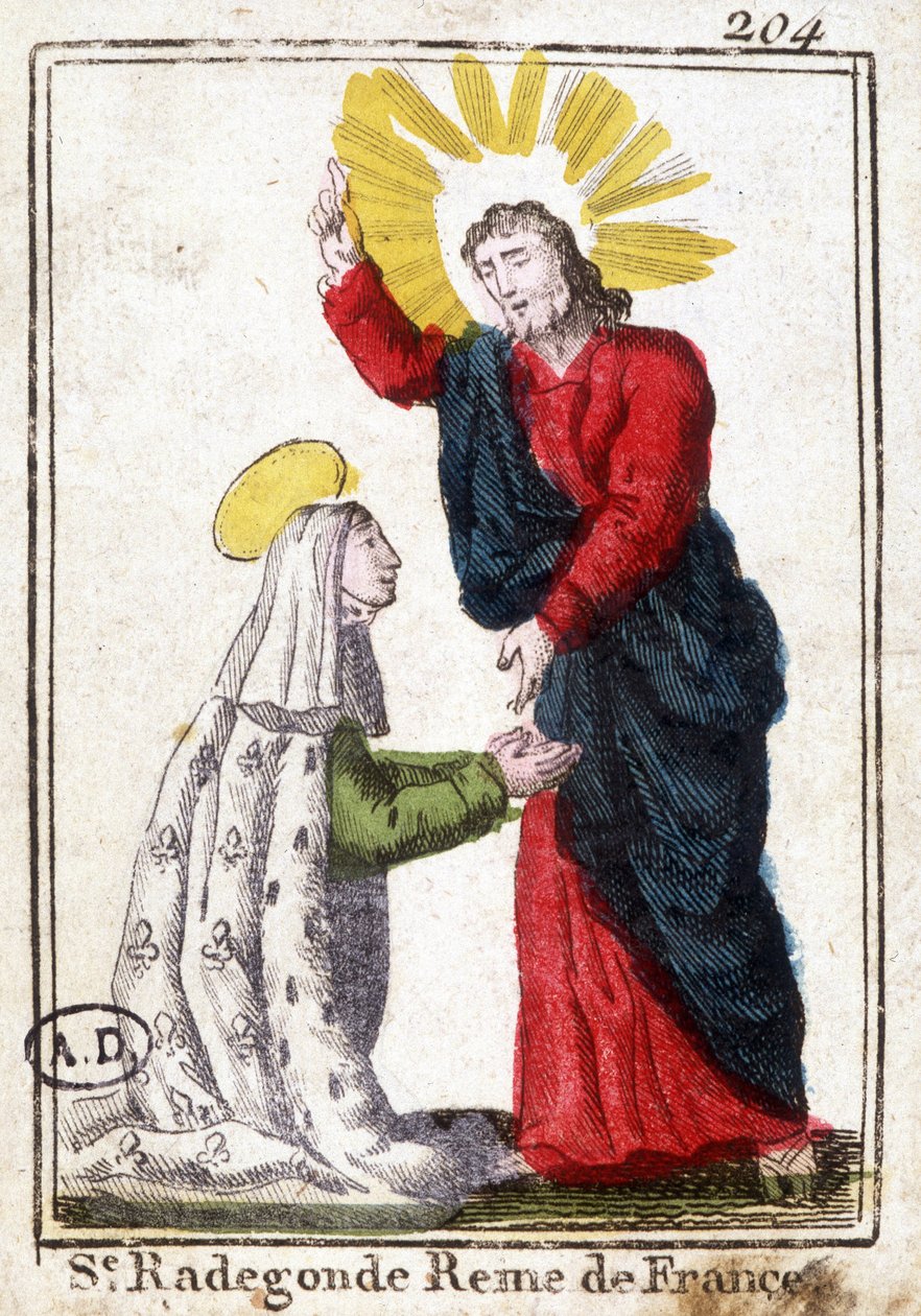 Christus en Sint Radegonde (ca. 520 - 587), Koningin van Frankrijk, vrouw van Clotaire (Clothaire) I. Vrome afbeelding. Gravure uit het begin van de 19e eeuw. Bibliothèque des Arts décoratifs de Paris. door Unknown artist