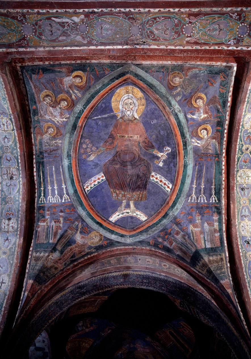 Christus uit de Apocalyps met het tweesnijdend zwaard uit de mond, fresco 13e eeuw door Unknown artist