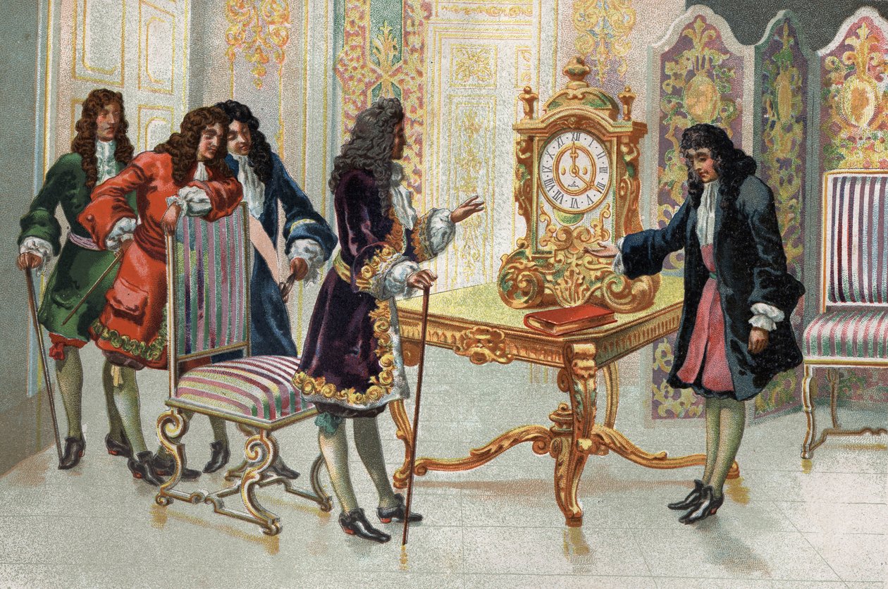 Christiaan Huygens (1629-1695), Nederlandse wiskundige en astronoom, presenteert zijn klok aan Lodewijk XIV door Unknown artist