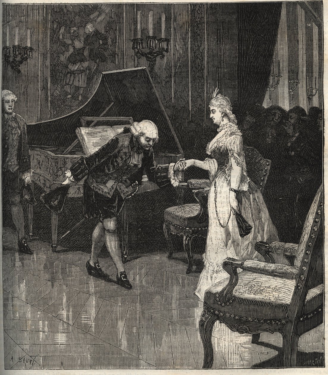 Christoph Willibald Gluck voor koningin Marie-Antoinette in Trianon - Christoph Willibald Gluck (1714-1787), Duitse componist speelt voor koningin Marie Antoinette in Trianon - gravure in 