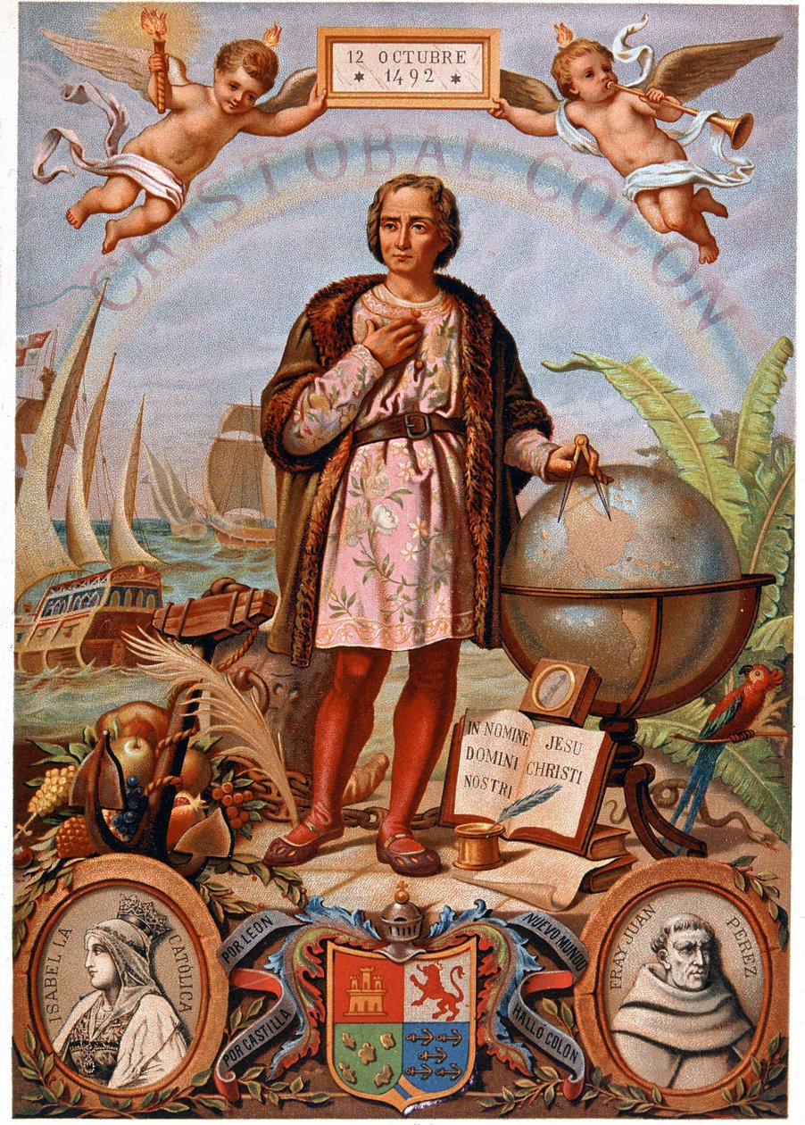 Christoffel Columbus. Links, portret van Isabella de Katholieke, Koningin van Castilië (1451-1504). Spaanse chromolithografie uit de 19e eeuw door Unknown artist