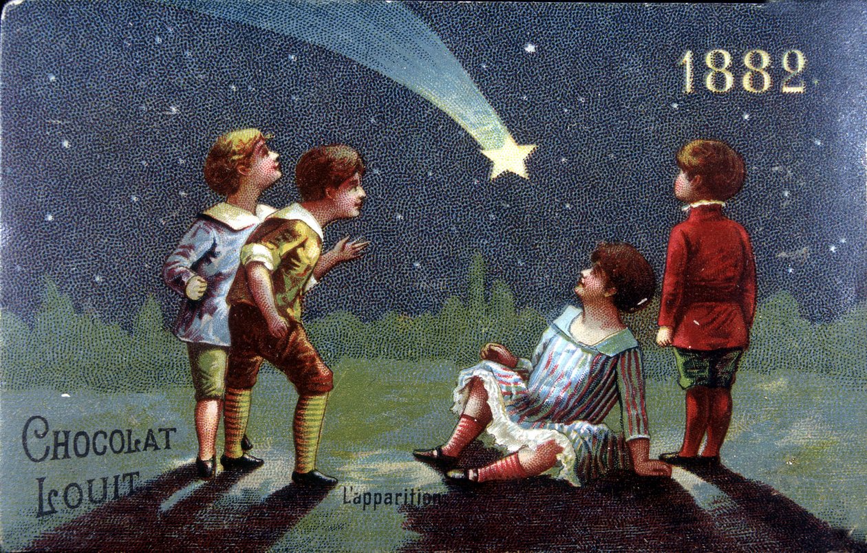 Chromolithografie Chocolat Louit uit 1882. Kinderen doen een wens bij het verschijnen van de ster door Unknown artist