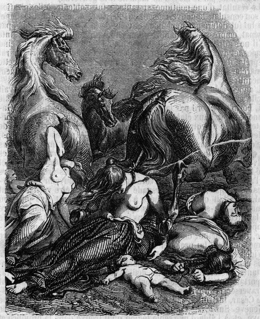 Cimbres Oorlog rond 120 v.Chr.: vrouwen, ouderen en kinderen van de Ambrons stam werpen zich onder vijandelijke paarden of sterven om slavernij door de Romeinen te vermijden. door Unknown artist