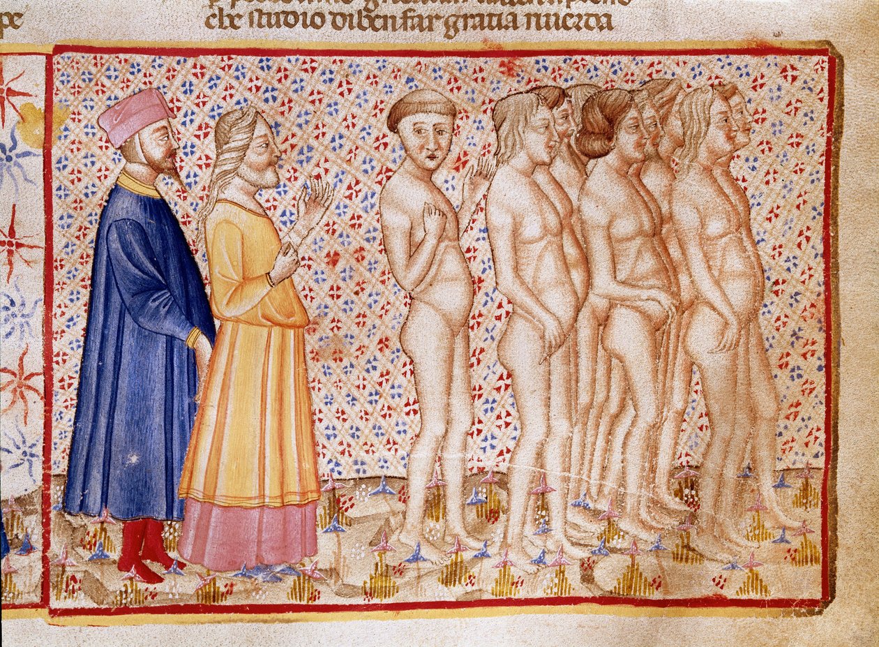 Cirkel van gewelddadigen tegen God, natuur en kunst: Dante en Virgil ontmoeten godslasteraars. Verlichte pagina die een lied van de Hel illustreert uit de 