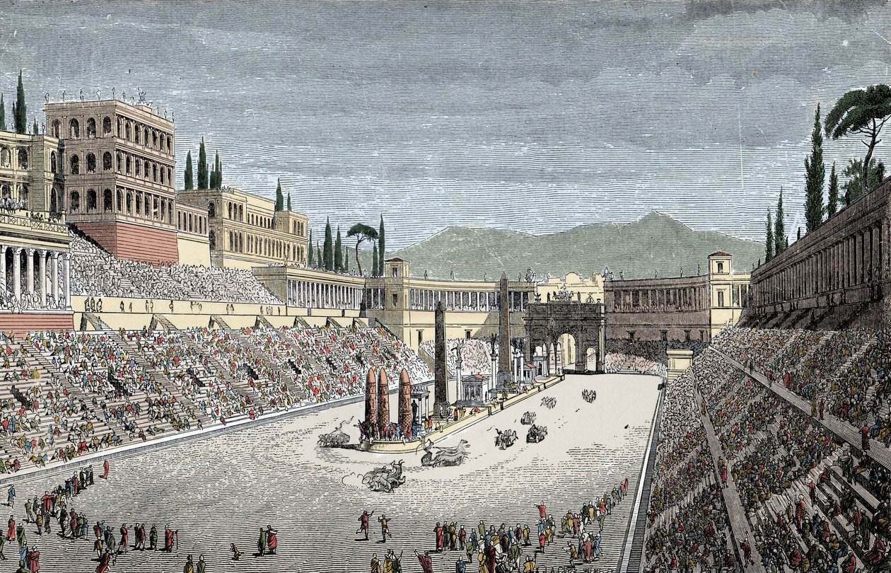 Circus Maximus - Het grote circus of Circus Maximus, in Rome, met een wagenrace - Kleurgravure door Unknown artist