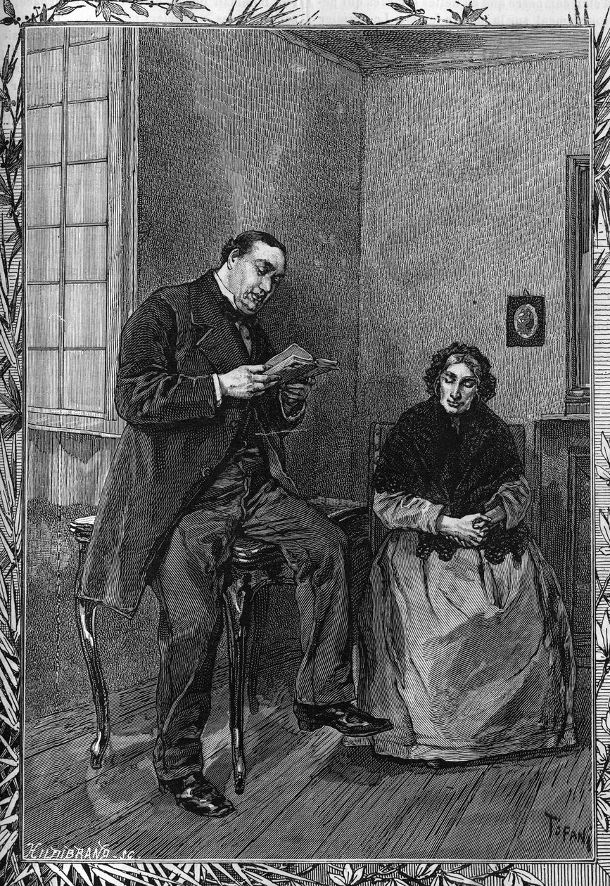 Komiek Moessard leest voor aan zijn vrouw. Gravure in het illustere tijdschrift 
