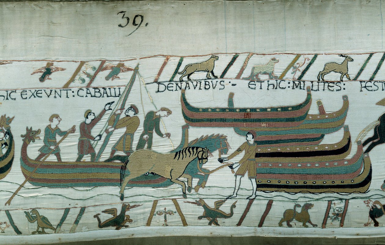 Normandische schepen varen langs de Engelse kust. Het paard trekt de boot op de gang. (detail) door Unknown artist