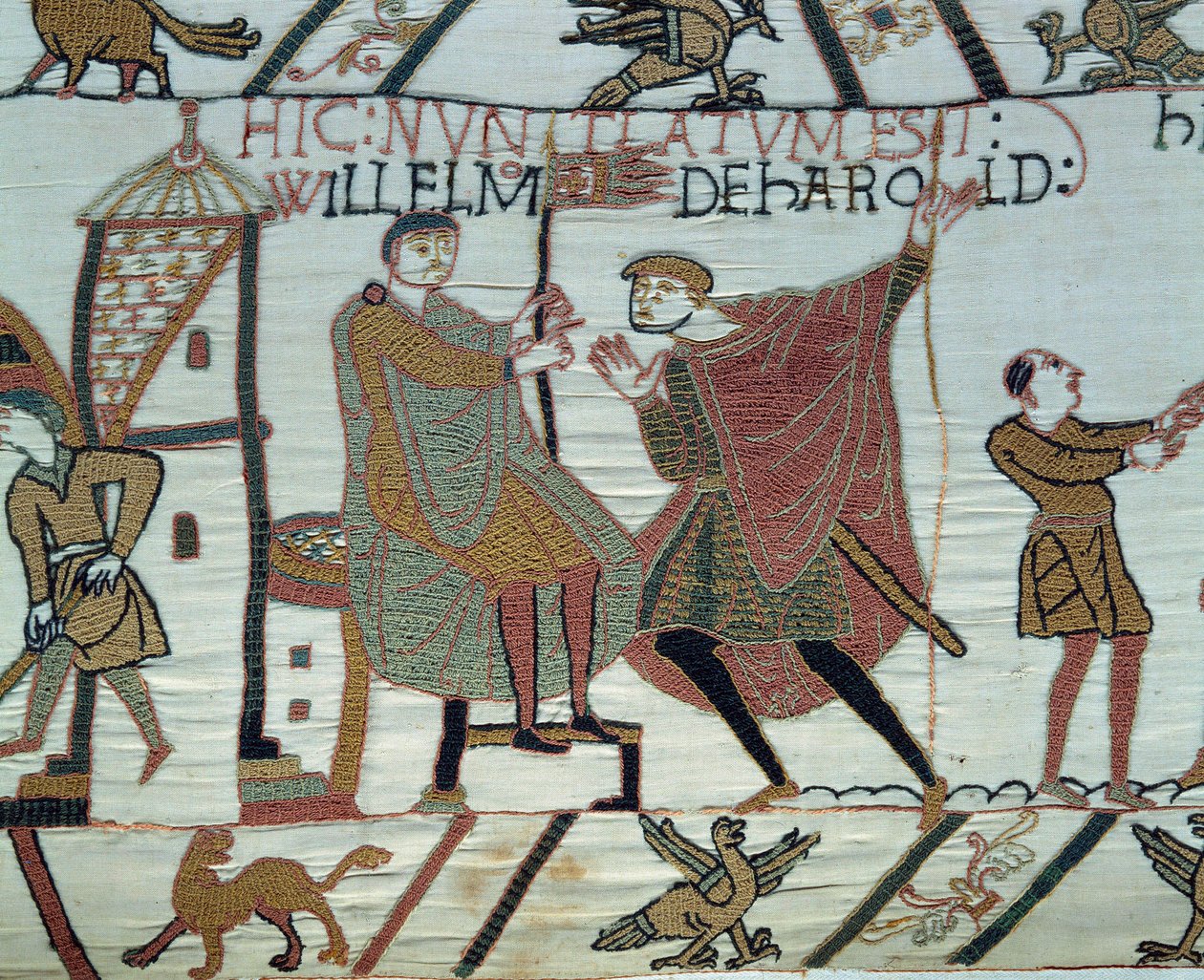 Verovering van Engeland door de Hertog van Normandië Willem de Veroveraar (1027-1087) in 1066: een uitkijkpost rapporteert de feiten van Harold II aan Willem bij de Slag bij Hastings Detail van het Tapijt van Bayeux of Borduurwerk van Koningin Mathilde door Unknown artist