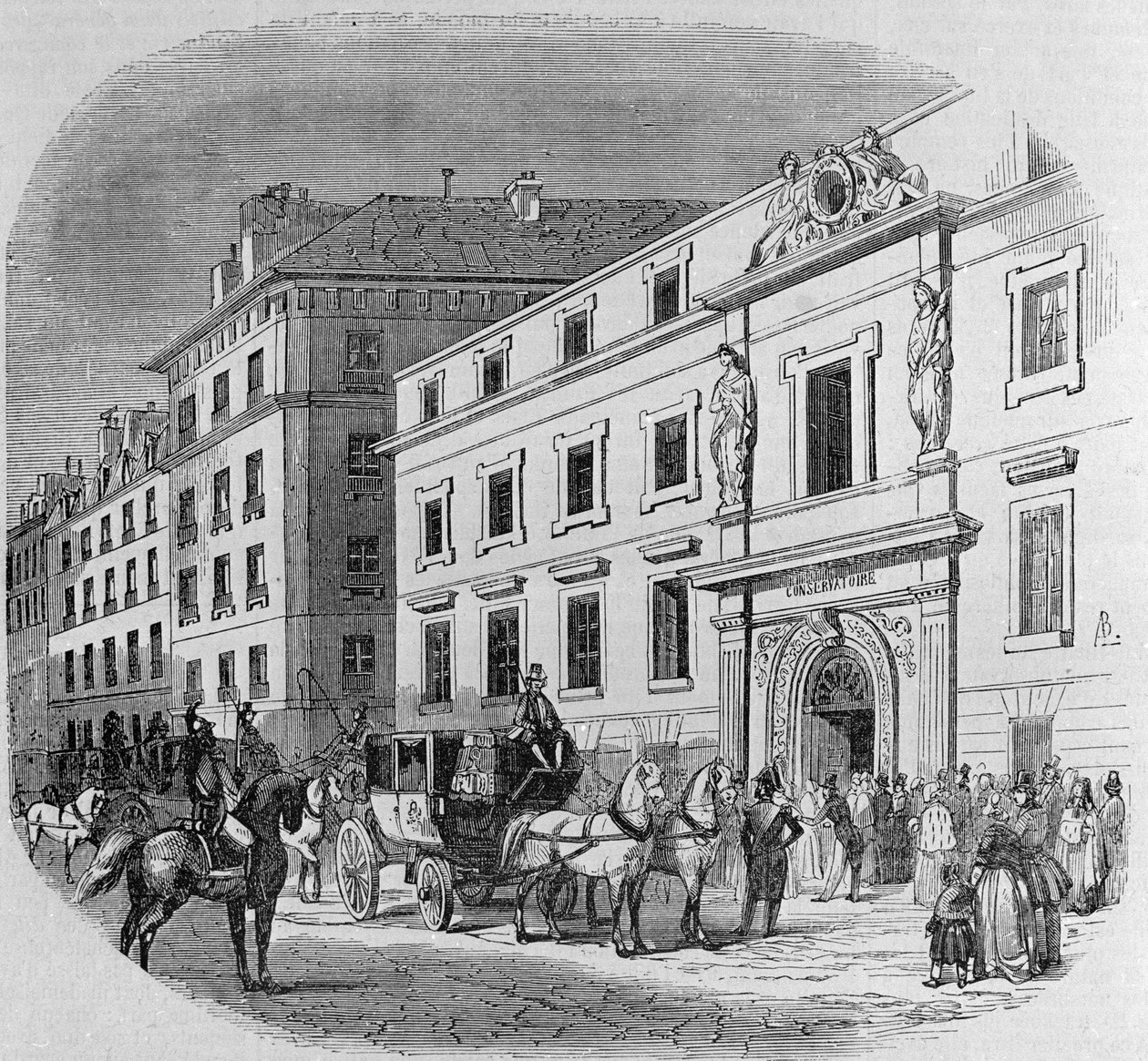 Conservatorium voor muziek aan de rue du Faubourg Poissonniere in Parijs: concertingang. Gravure uit 1860 door Unknown artist