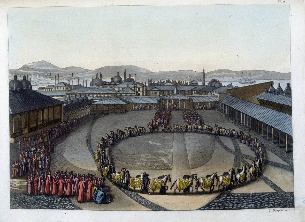 Constantinopel: Poort van Geluk. Deze deur geeft toegang tot het interieur van het paleis waar de Sultan woont met zijn familie en de dames van zijn Harem. In “The old and modern costume” door Unknown artist