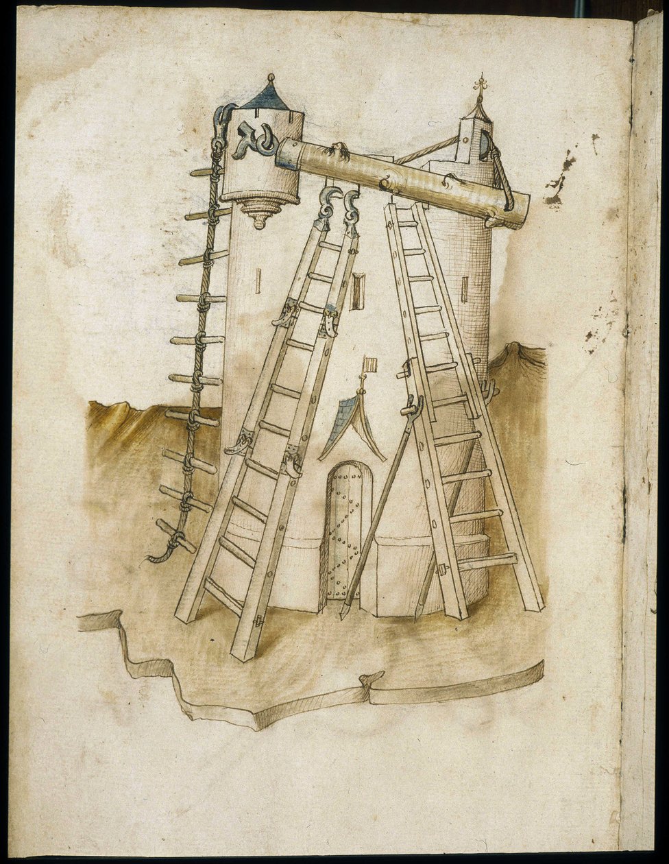 Bouwactiviteiten - Manuscript: perkamentblad van een ingenieurshandboek voor de bouw van civiele, religieuze en militaire gebouwen, anoniem, eind 15e eeuw (figuur in Chinese inkt) door Unknown artist