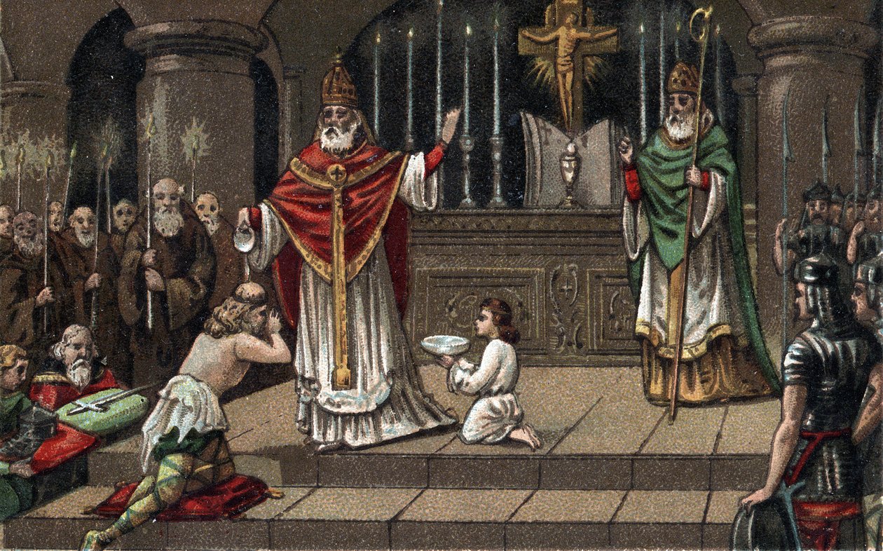 Bekering van Widukind of Witikind voor Karel de Grote in 785. Chromolithografie uit de late 19e eeuw door Unknown artist