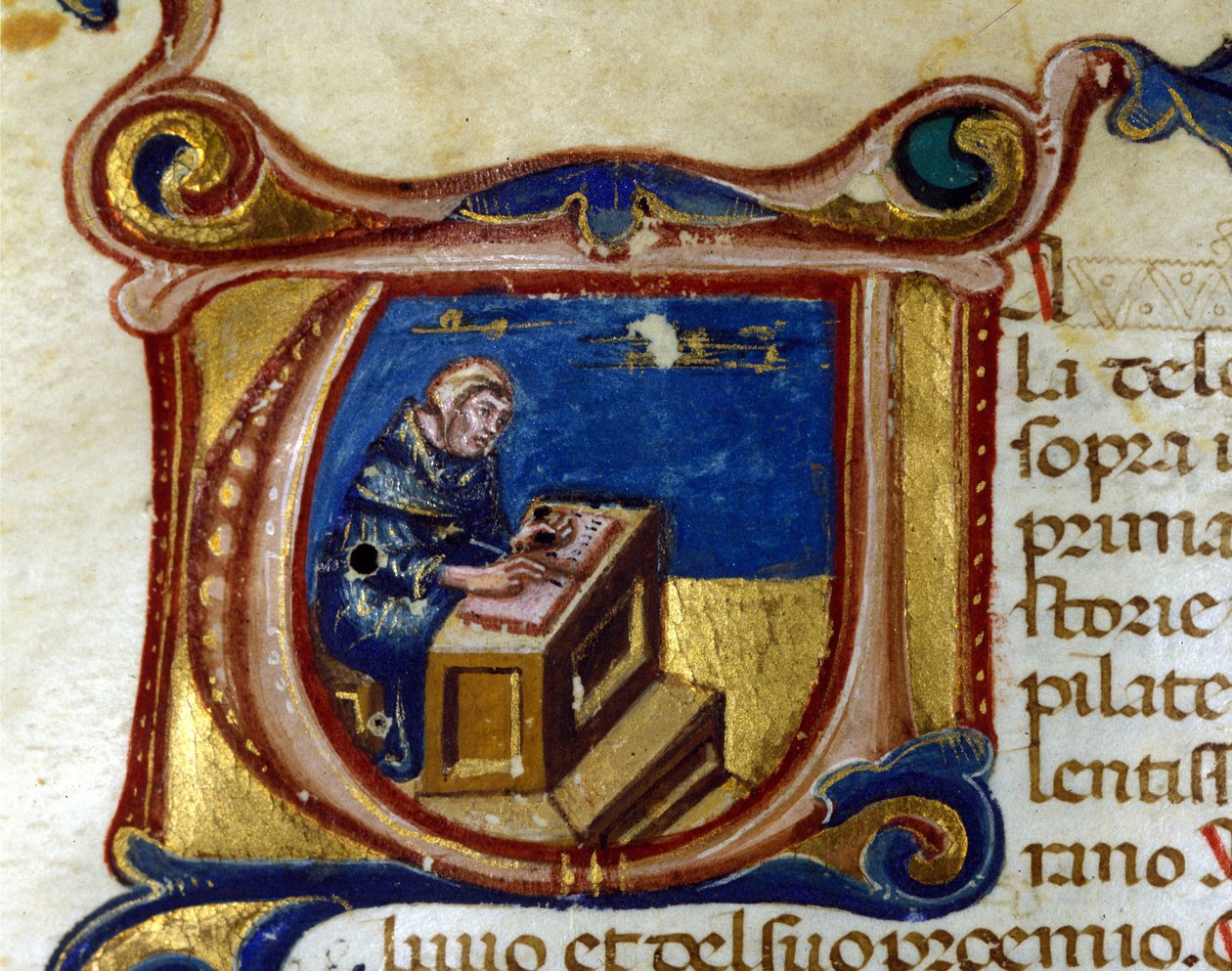 Kopiist monnik in zijn scriptorium, verluchting door Unknown artist