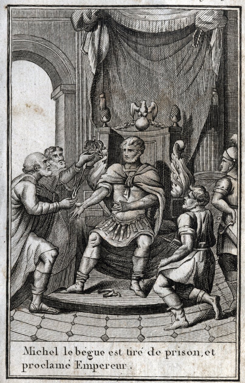Kroning van Michael II de Amorian (de Begue) (770-829) als Byzantijnse keizer na zijn vrijlating uit de gevangenis in 820. Hij is de stichter van de Amoriaanse dynastie. Gravure in 