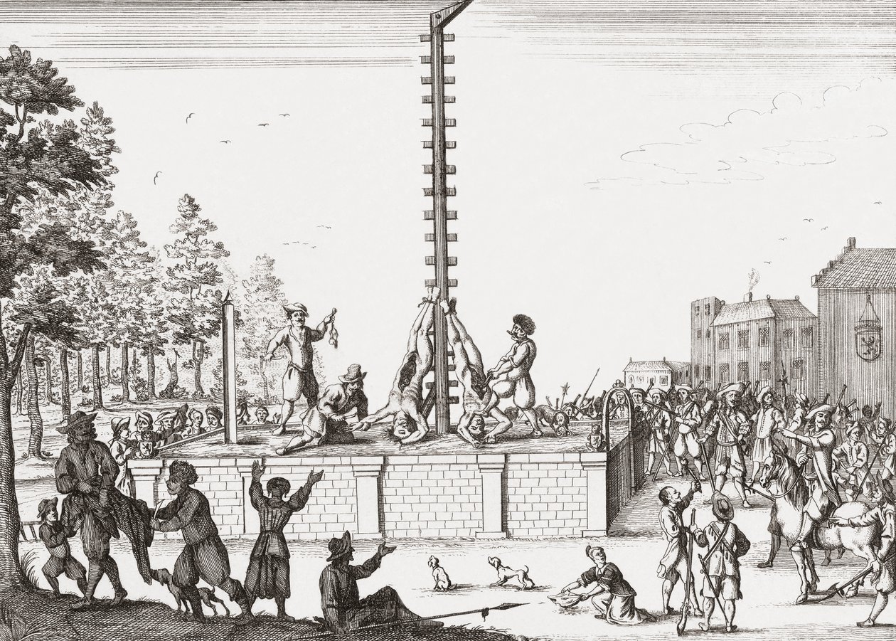 Lijken van Johan en Cornelis de Witt hangend aan galgen door Unknown artist
