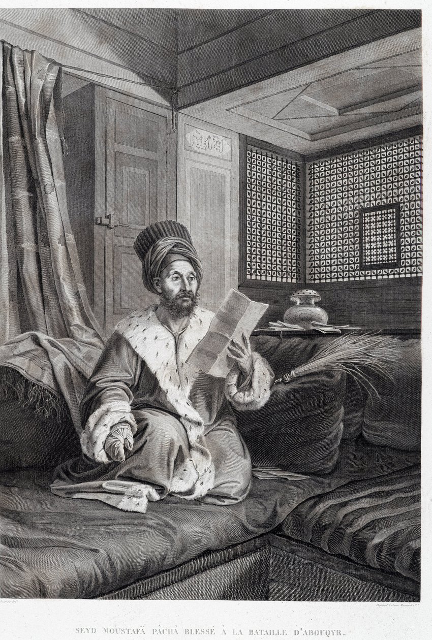 Kostuums en portretten: Seyd Moustafa Pasha gewond in de Slag bij Abouqyr (Aboukir) in 