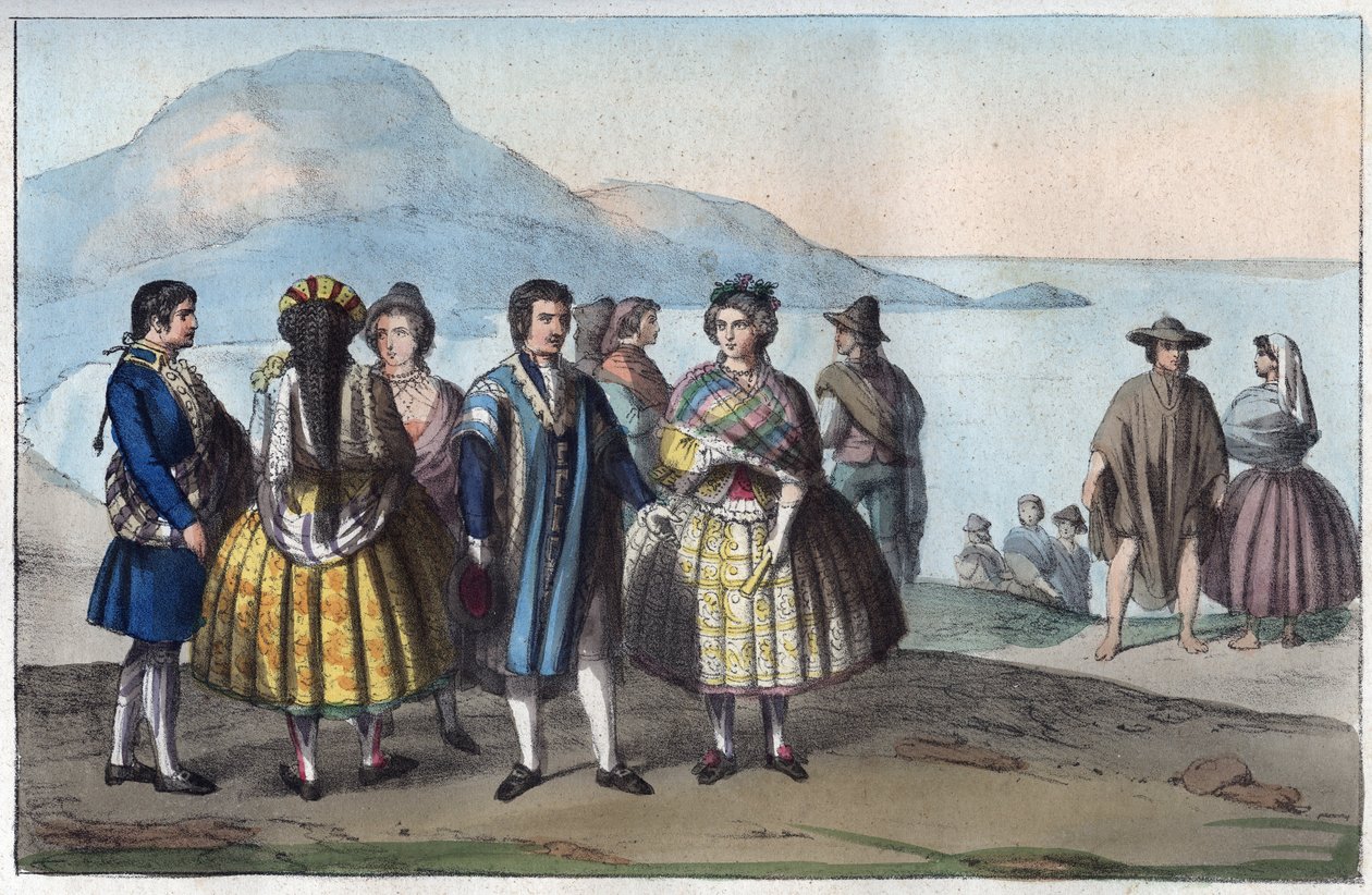 Kostuums van de mensen van Concepcion, Chili - gravure uit Usi e Costumi di Tutti i Popoli dell