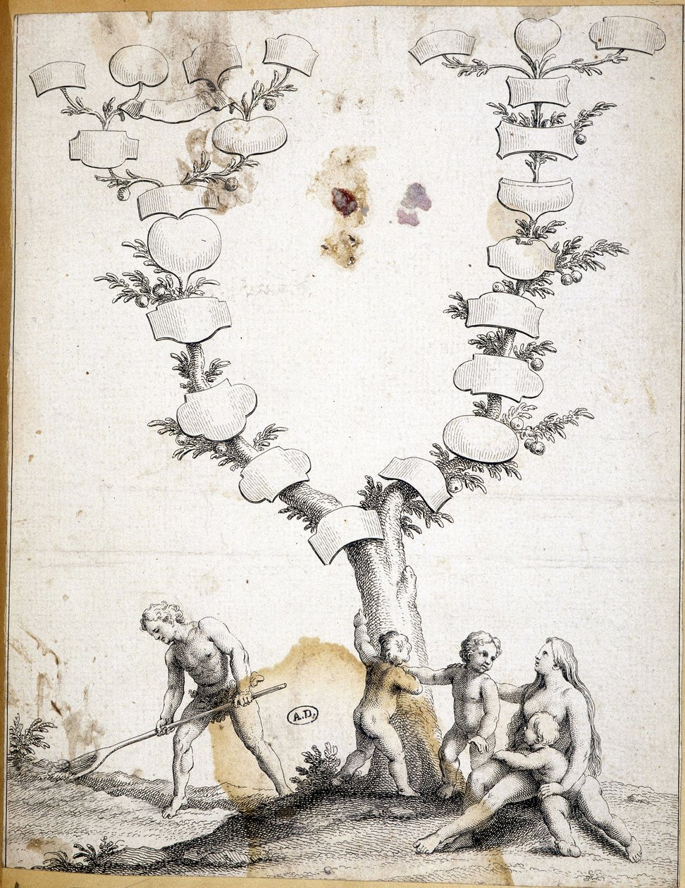 Koppel met kinderen aan de voet van een maagd stamboom - gravure door Unknown artist