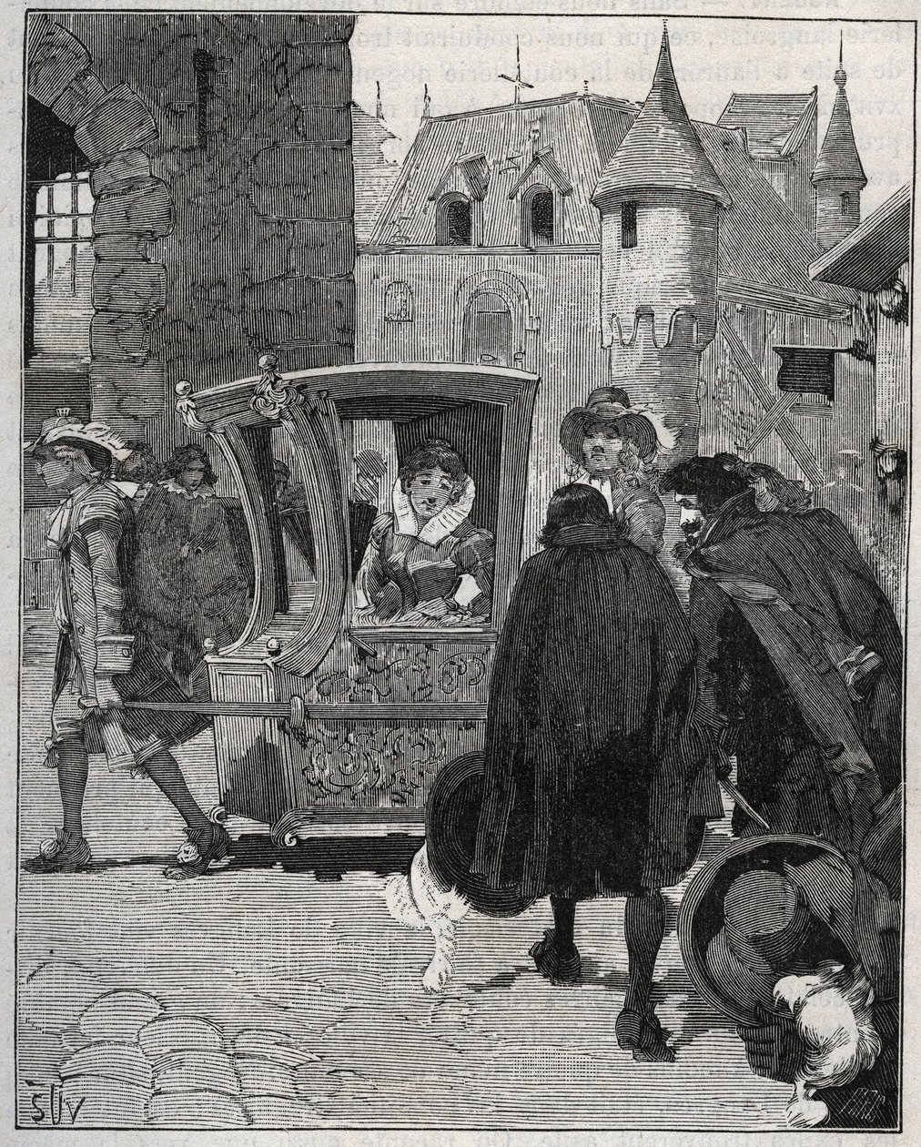 Bestek: schippers omringen de stoel van Marie de Rabutin-Chantal (Rabutin Chantal), markiezin de Sévigné genaamd Madame de Sévigné (1626-1696) om hem messen te verkopen bij zijn aankomst in Nogent (Haute Marne) in 1675. Gravure uit 1885 in “Les arts et mét door Unknown artist