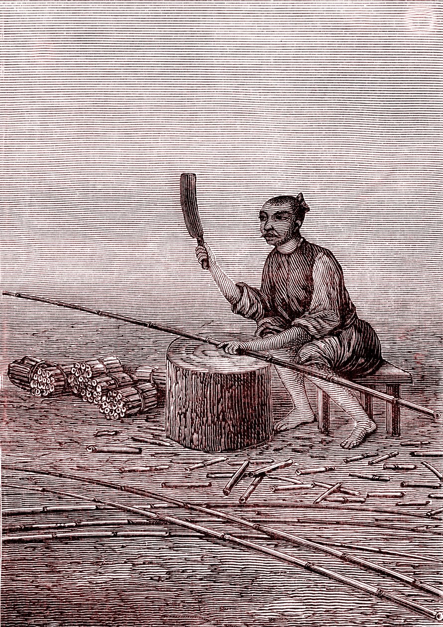 Het snijden van de kleine stukjes bamboe, papierfabricage in China (3e eeuw v.Chr.) (gravure door Unknown Artist