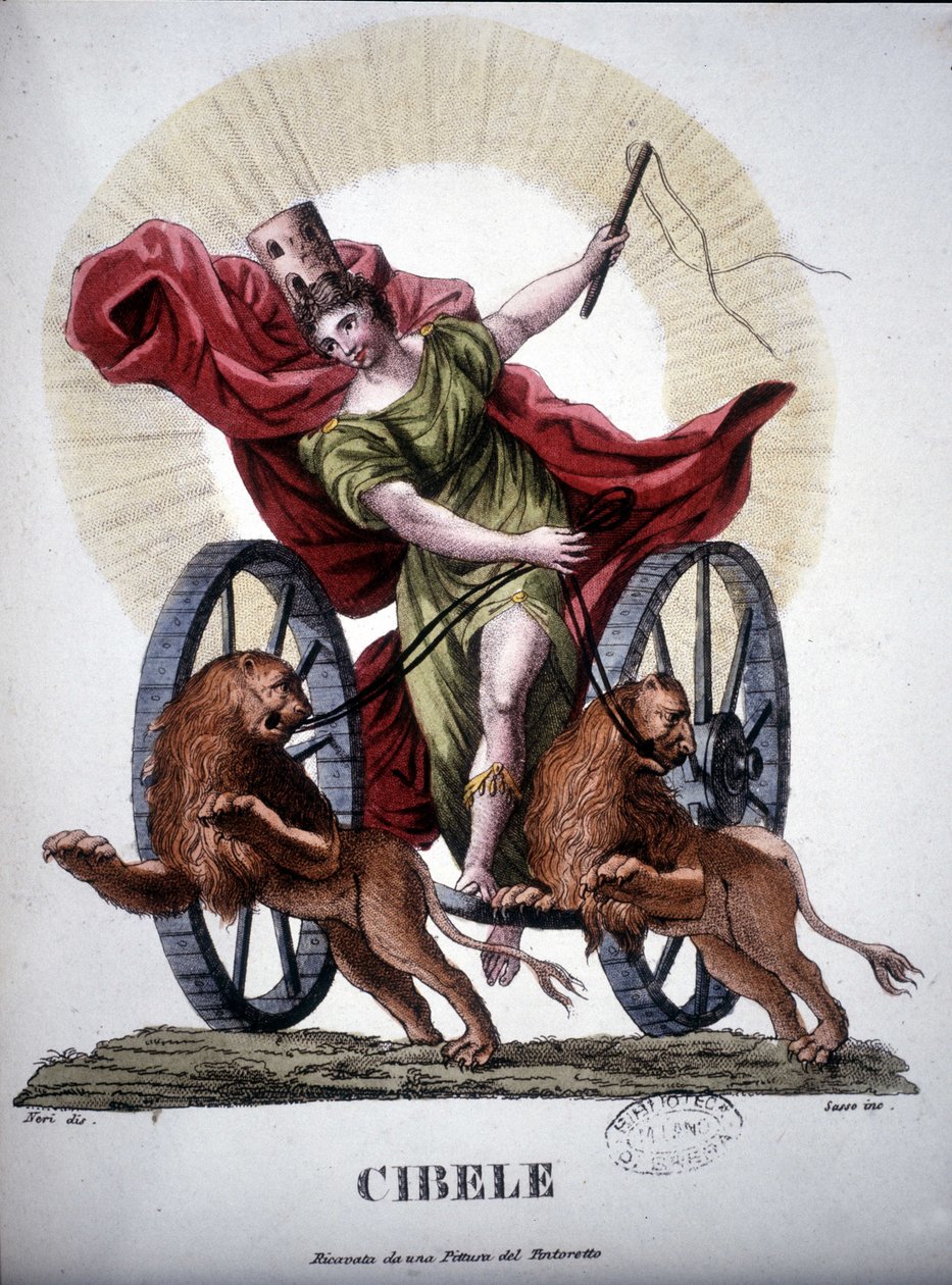 Cybele, godheid die de reproductieve kracht van de natuur personifieert - in "Dizionario mitologico", gravure uit de 19e eeuw naar een schilderij van Tintoretto, Bibl. di Brera, Milaan door Unknown artist