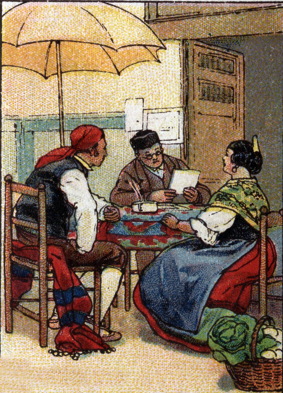 Dagelijks leven in Spanje: een ongeletterd echtpaar richt zich tot een openbare schrijver, begin 20e eeuw (chromo) door Unknown Artist