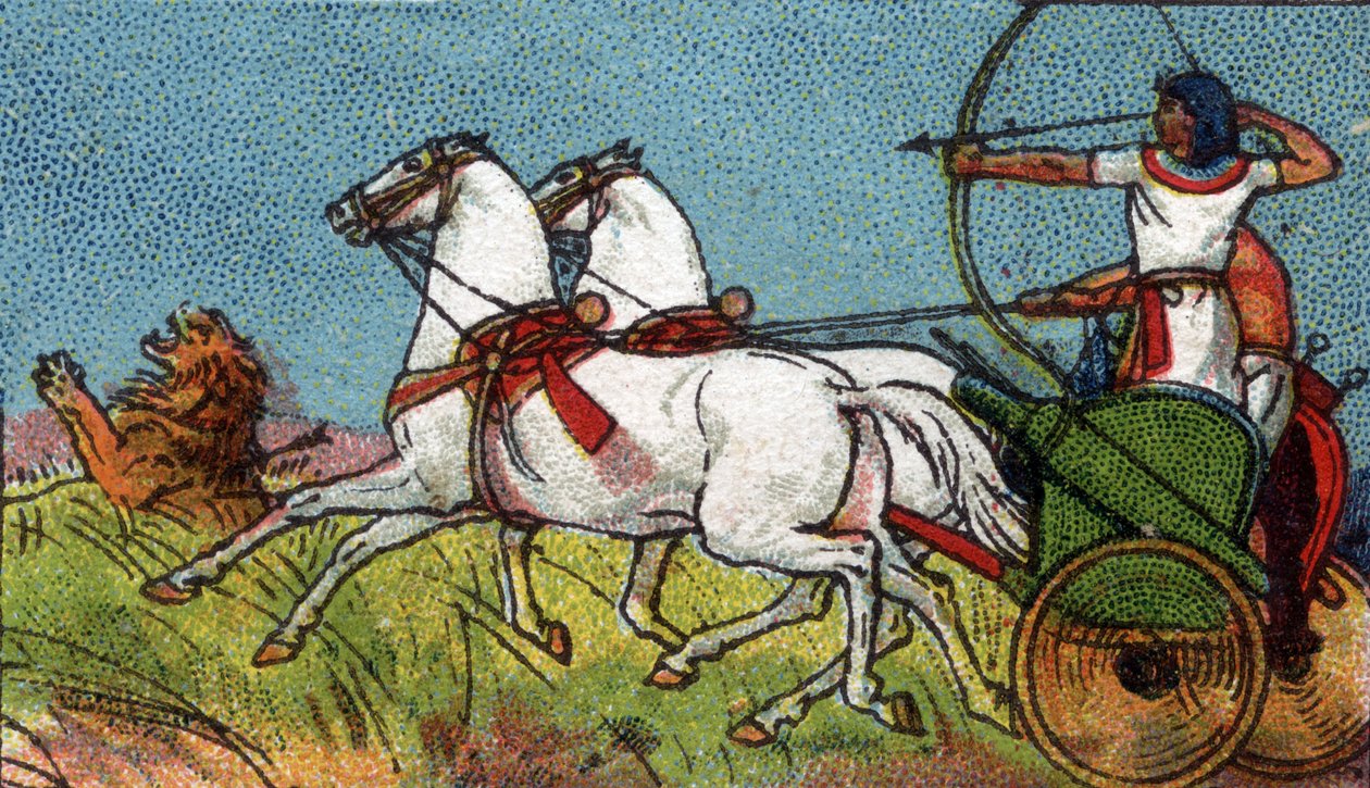 Dagelijks leven in het oude Egypte: een farao achtervolgt de leeuw, begin 20e eeuw (chromo) door Unknown Artist