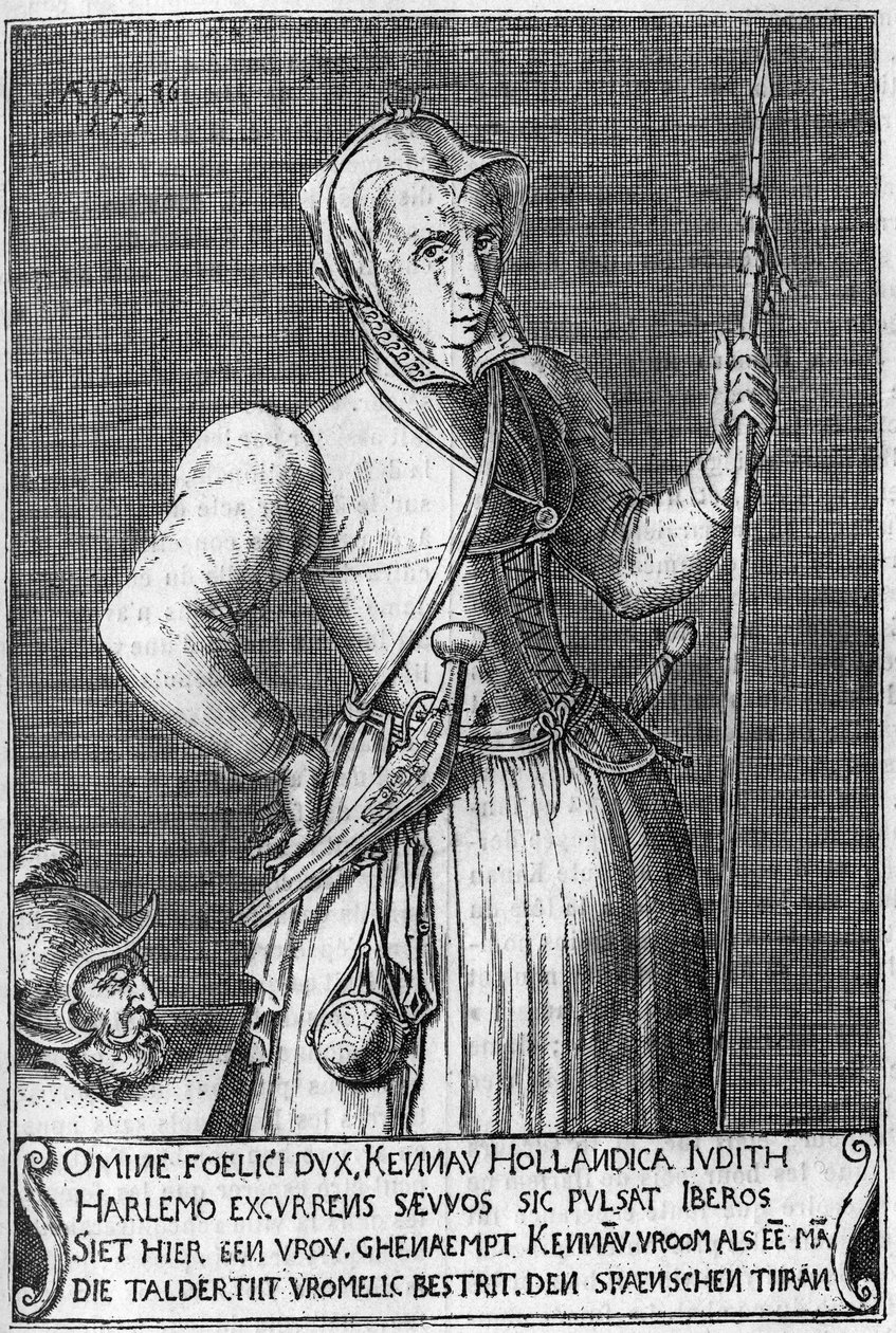 Dame Kenau Simonsdochter Hasselaer (1526-1588), de heldin van Haarlem (Holland) tijdens de strijd tegen de Spanjaarden in 1572. Gravure uit de 17e eeuw vergelijkbaar met Judith van Holofernes door Unknown artist