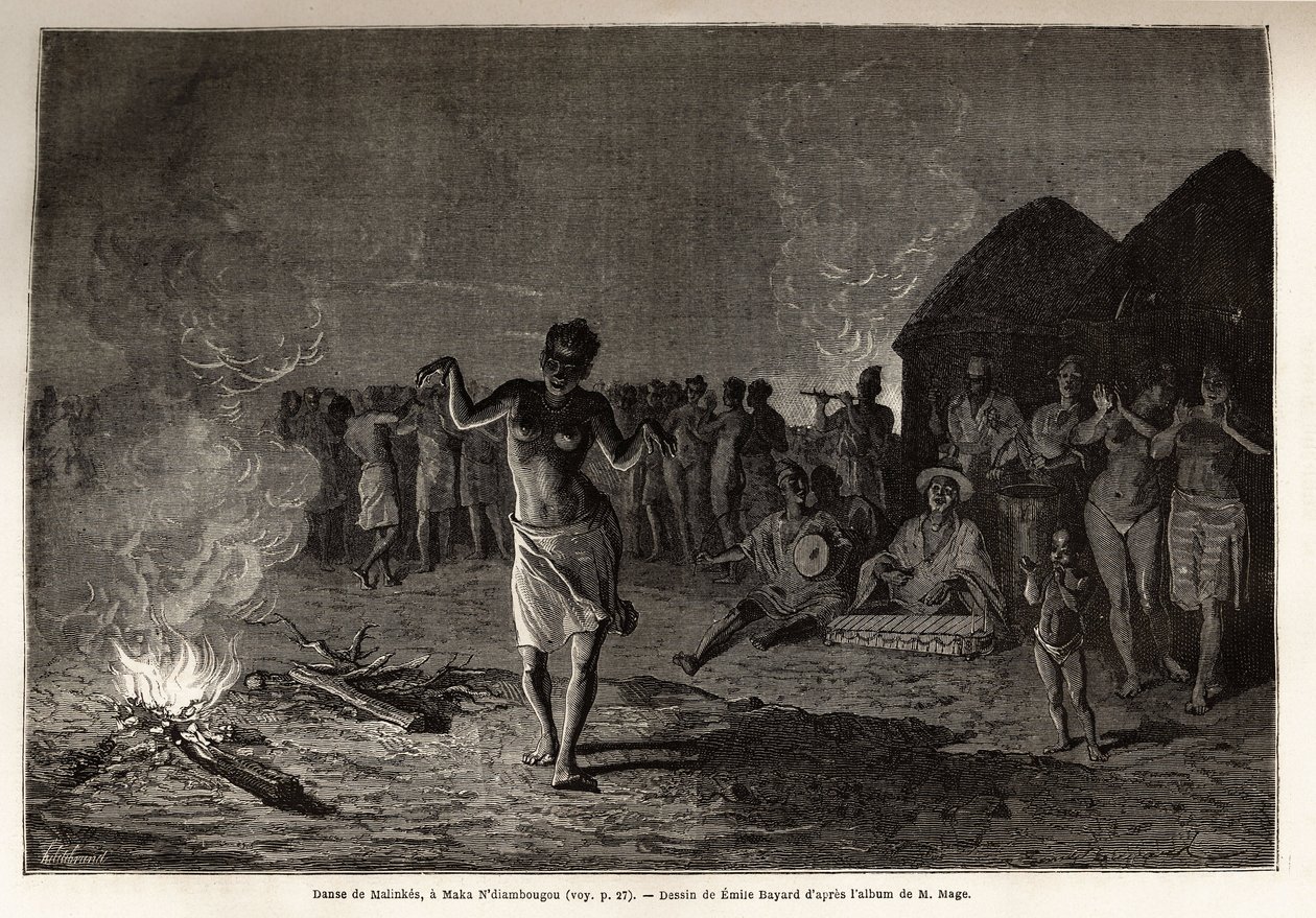 Dans van Malinkes, bevolking en taal van West-Afrika (Guinee, Senegal, Mali en Ivoorkust), dansers verzamelen zich bij het vallen van de avond om het vuur op het ritme van traditionele muziek. Gravure ter illustratie van het verhaal van Luitenant Mage