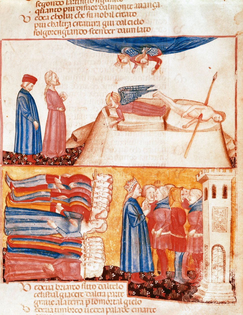 Dante en Virgil ontmoeten de zielen van gewelddadig gestorven mensen. Verlichte pagina die een lied van het Antipurgatorium illustreert uit de 