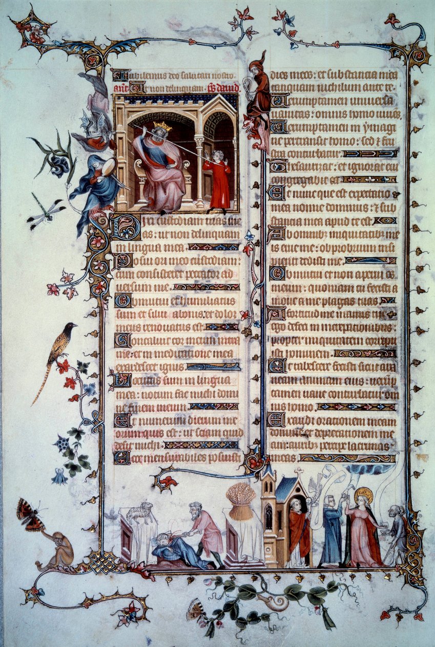 David bedreigd door Saul. Allegorie van hebzucht. Sacrament van de Communie. Allegorie van liefdadigheid. Miniatuur uit het Psalm Breviaire de Belleville door Unknown artist