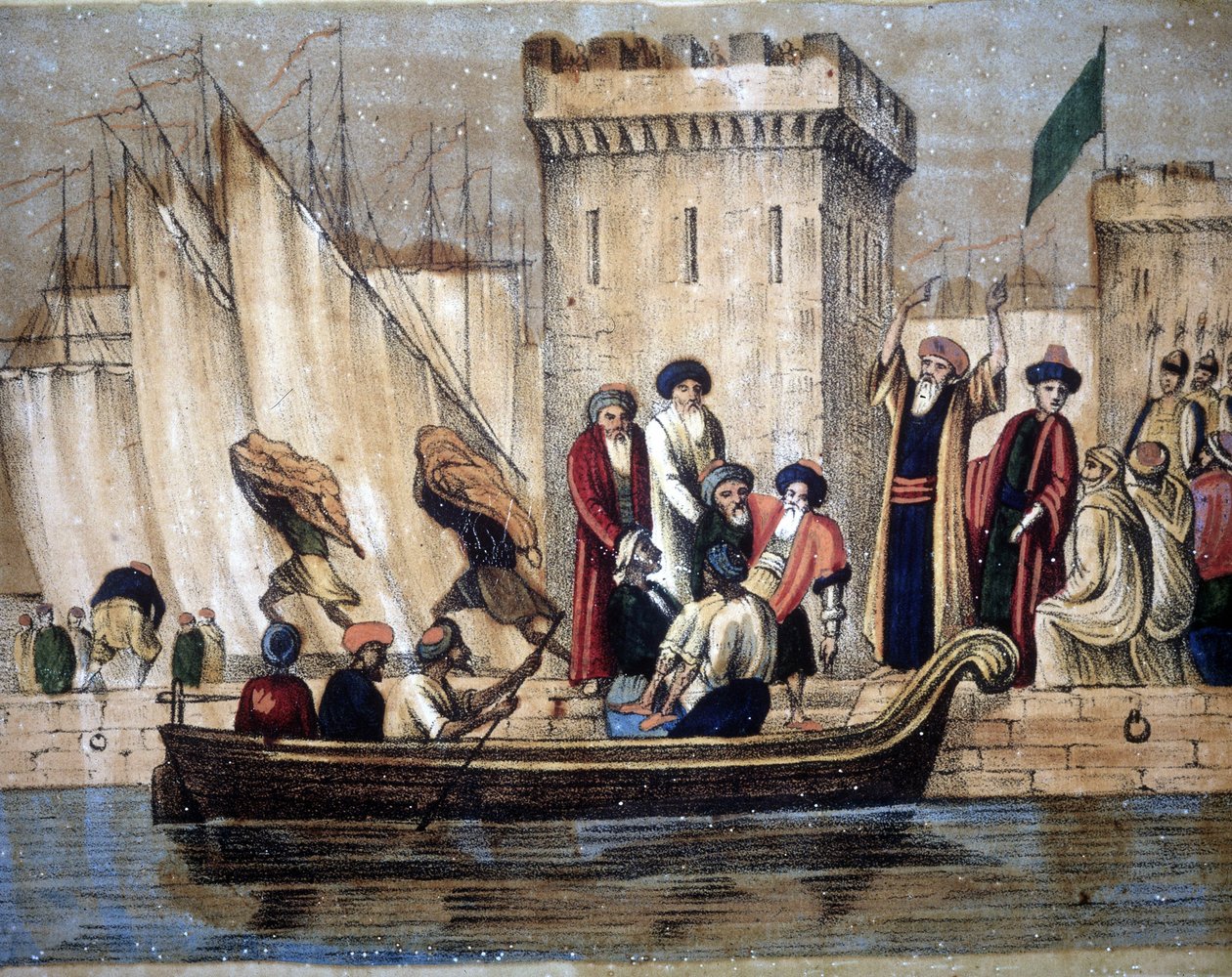 Vertrek van de Moren uit Algiers, na de kolonisatie door de Fransen, een oude of zieke man wordt op een boot geladen. 19e eeuw door Unknown artist