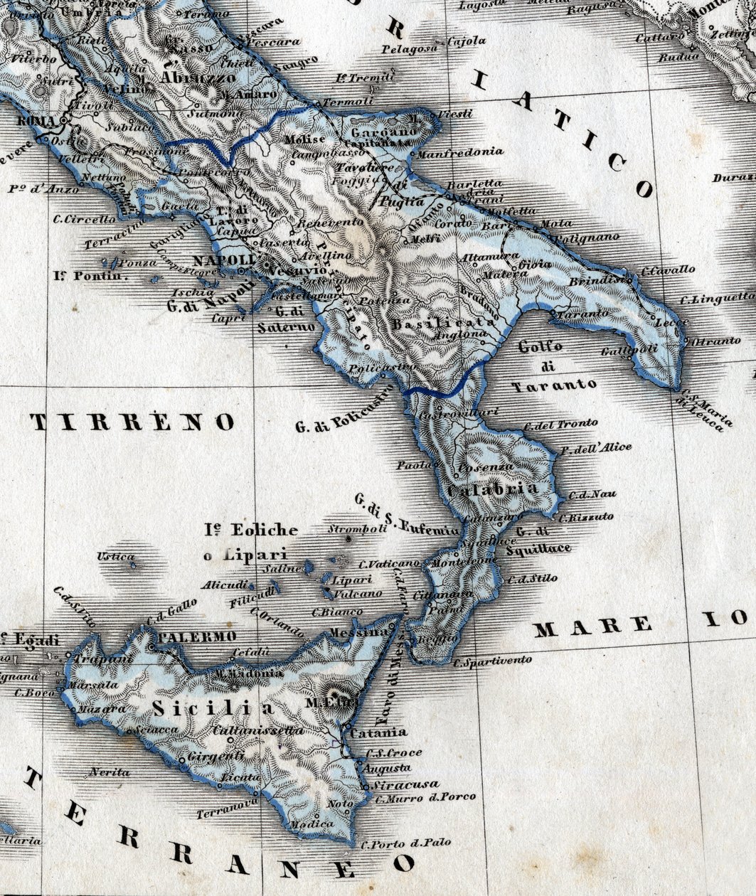 Detail van een geografische kaart die Zuid-Italië (Campania, Calabrië, Sicilië, Puglia, Molise Abruzzo regio