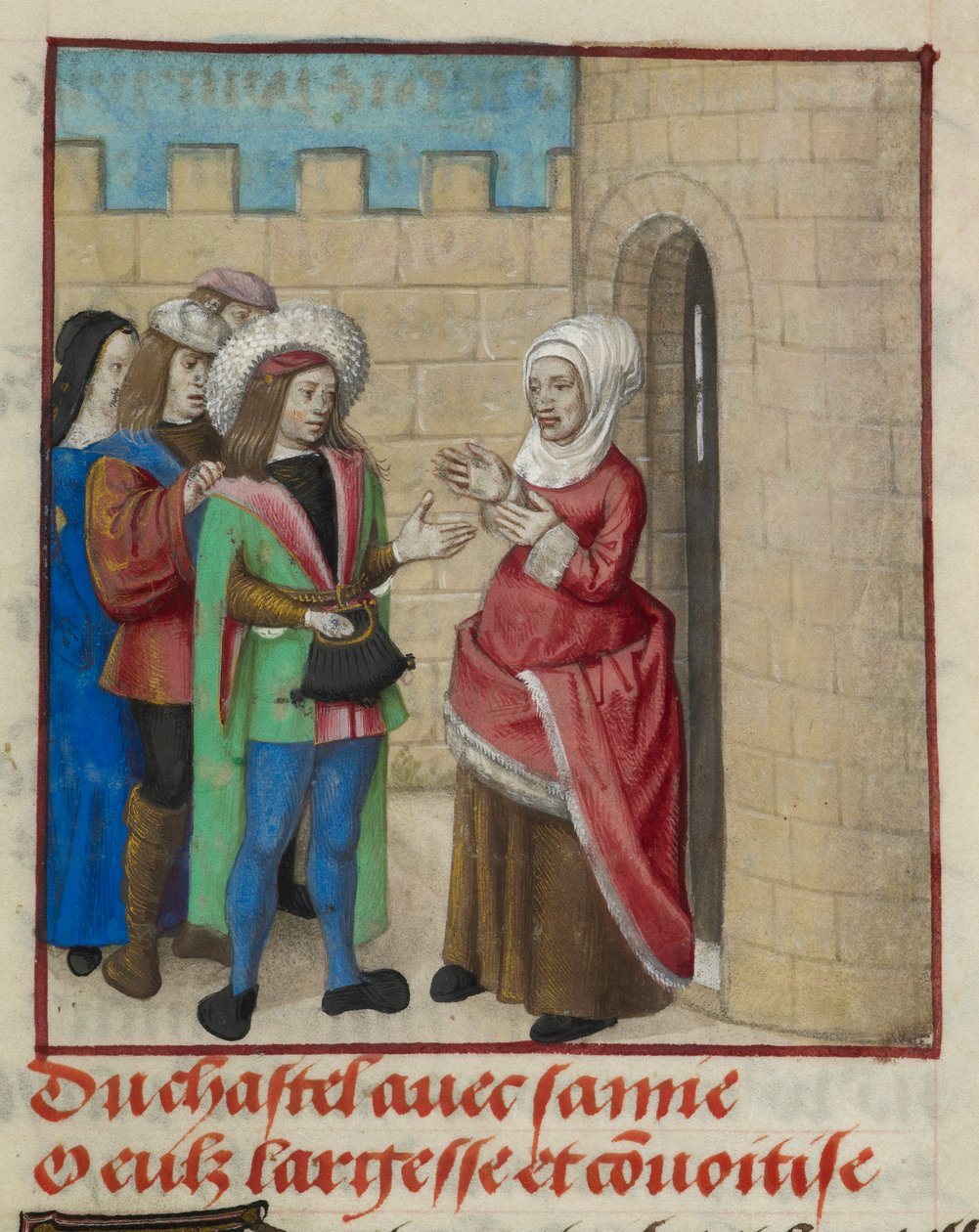 (detail) van een miniatuur van Convoitise (Hebzucht) en Largesse (Gulheid) die het kasteel binnengaan, uit 