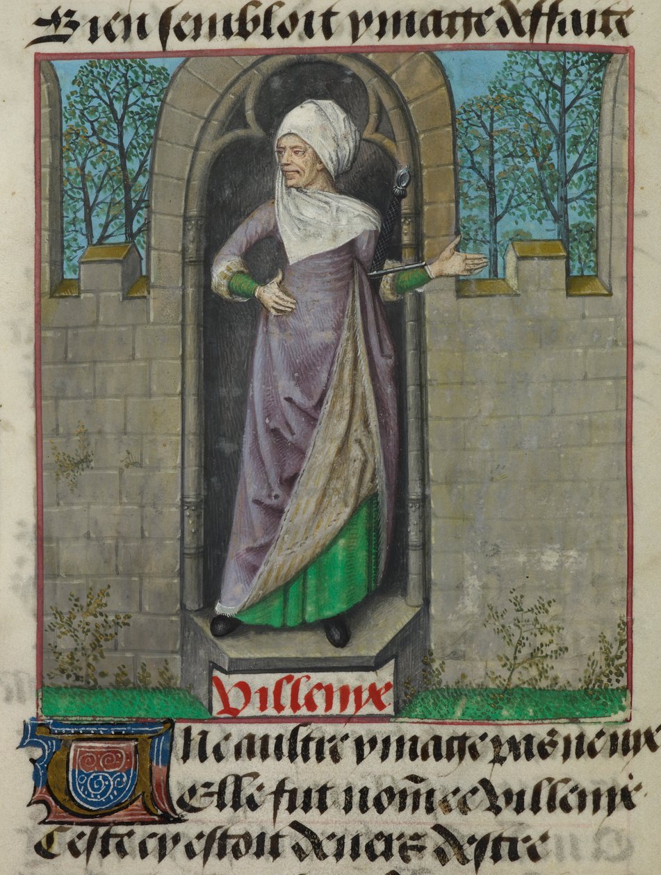 (detail) De allegorische figuur van Vilenie (Slechtheid), in de tweede kolom van het folio, uit 