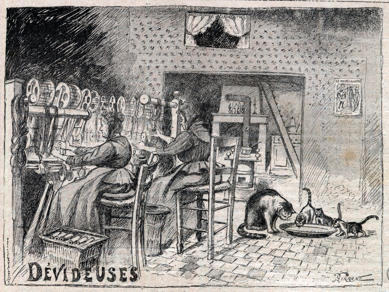 Devideuses - Atelier de Canut - interieur van een zijdeweverswerkplaats in Lyon gravure in 