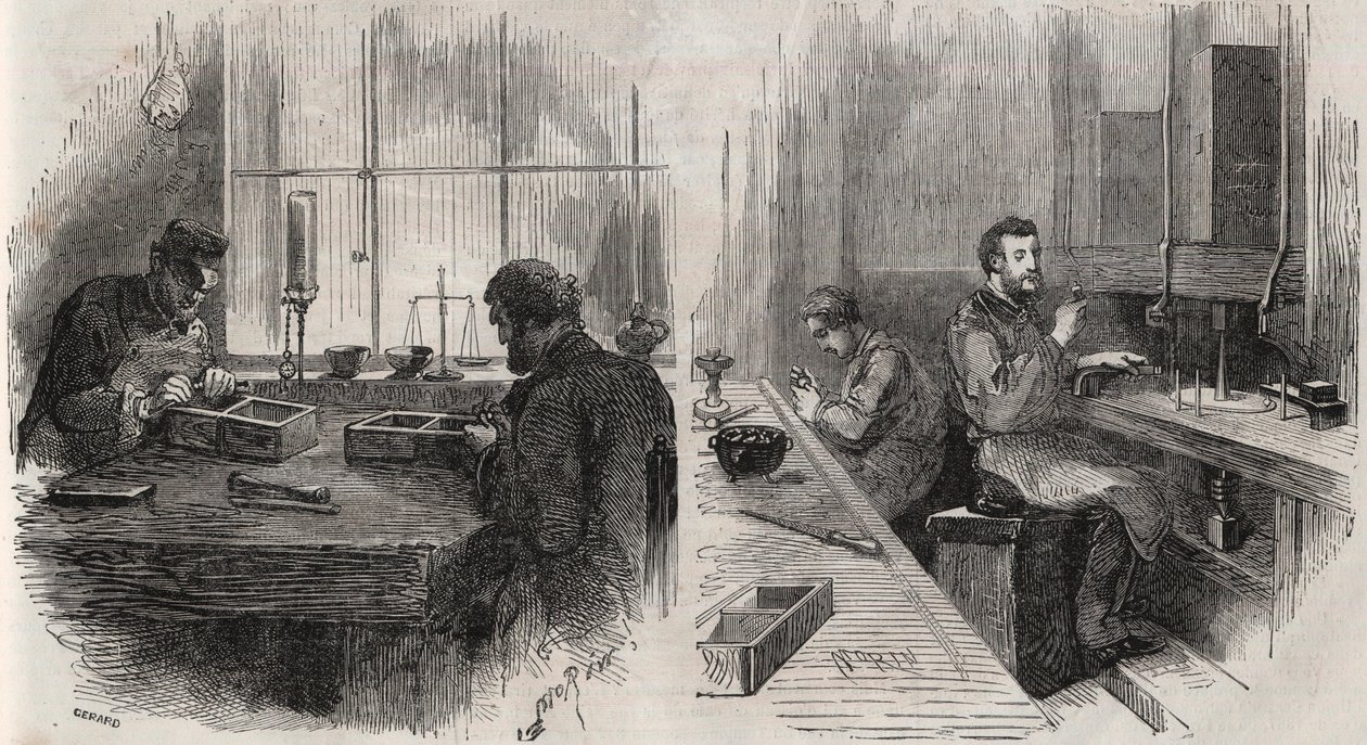 Diamantslijpen in een werkplaats in Nederland: splijters en polijsters - Gravure in 